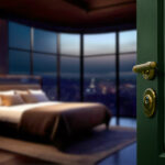 Slightly open door of luxury hotel room or apartment with blur interior background.